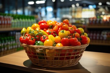 tomato green yellow orange red in basket on supermarket