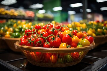 Naklejka premium tomato green yellow orange red in basket on supermarket