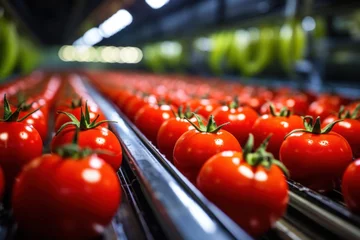 Fotobehang Tomatoes are transported by industrial production conveyors to be processed as a tomato product commodity © Attasit