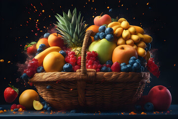 Basket of fresh organic fruits in the garden