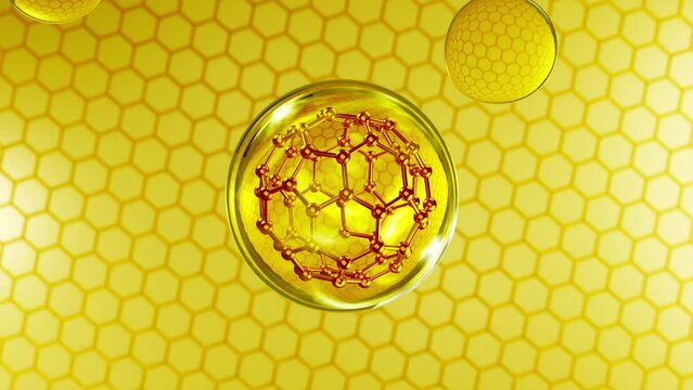 Cosmetic 3D animation of a yellow bubble with molecule structure inside. Many smaller bubbles merging. 3D illustration