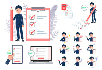 チェックマークをつける学ラン男子学生のセット