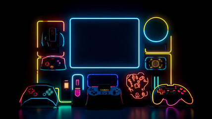 Joy Stick with gaming frame neon light for banner and background, Generative AI