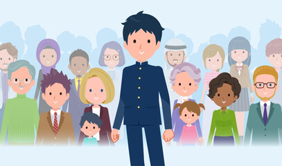 Obraz premium 大勢の前に立つ学ラン男子学生のセット