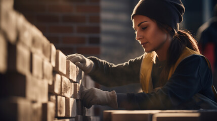 a woman is building a brick wall at a construction site, generated by AI - obrazy, fototapety, plakaty
