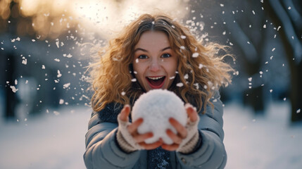 Naklejka premium a girl in a winter park with lush blond curls in warm clothes holds a big snowball and emotionally laughs, created by AI