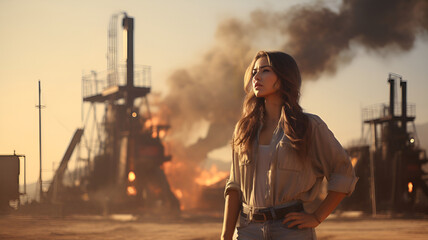 Fototapeta premium a woman on the background of a burning and smoking factory, generated by AI