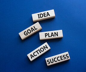 Idea Goal Plan Action Success symbol. Concept words Idea Goal Plan Action Success on wooden blocks. Beautiful deep blue background. Business concept. Copy space.