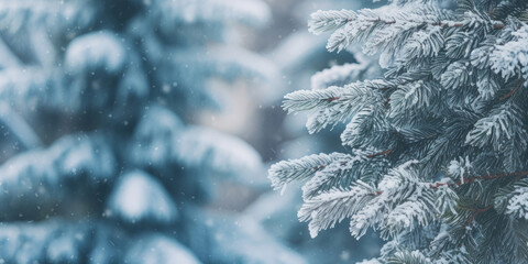Winter background with frozen fir tree branch covered with snow