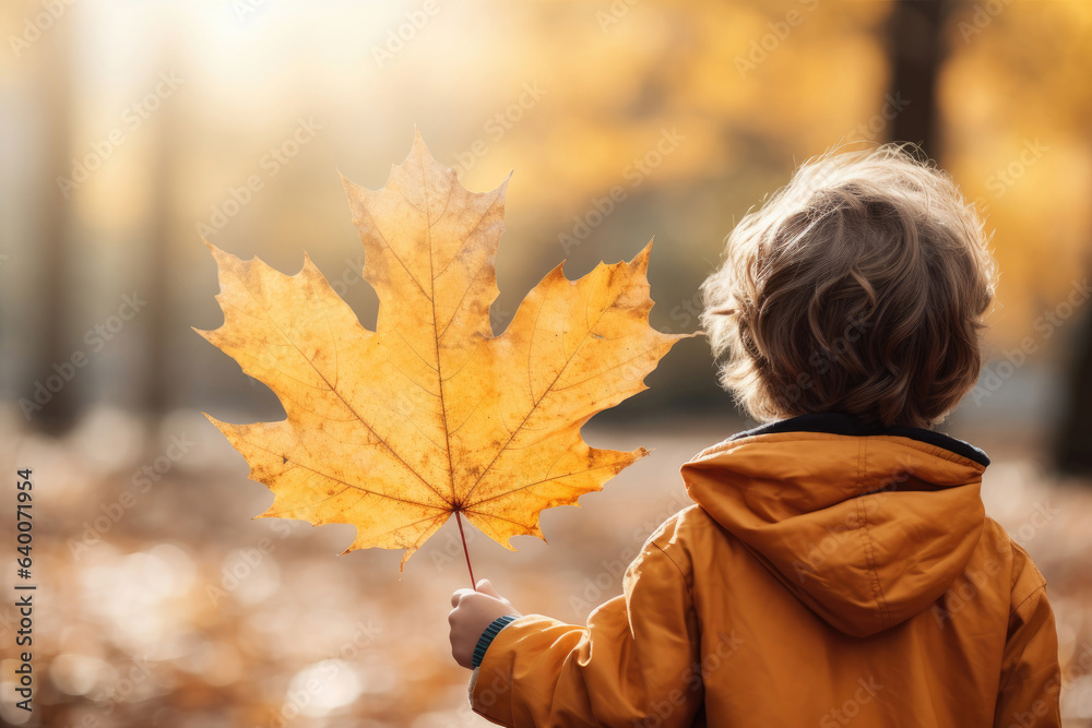 Canvas Prints back view of a boy holding autumn maple leaf in a park