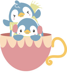 happy valentine's day with penguin couple in cup, love concept, flat png transparent element character design