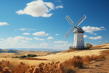 A white windmill in a pristine landscape, symbolizing clean energy. 