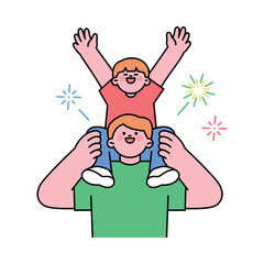 Festival. A father holds his child on his shoulders and enjoys a fireworks display.