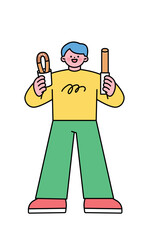 Festival. Man holding street food in both hands.