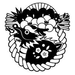 注連縄ツバキに白黒龍のお年賀シンボル
