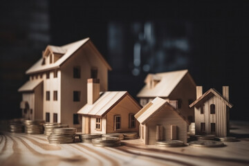 A wooden house and stacks of coins on a table symbolize financial stability and investment opportunities is AI Generative