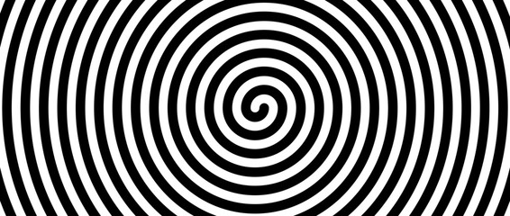 Hypnotic spirals background. Radial optical illusion. Black and white swirl tunnel wallpaper. Spinning concentric circles. Vortex design for poster, banner, flyer. Vector horizontal illustration