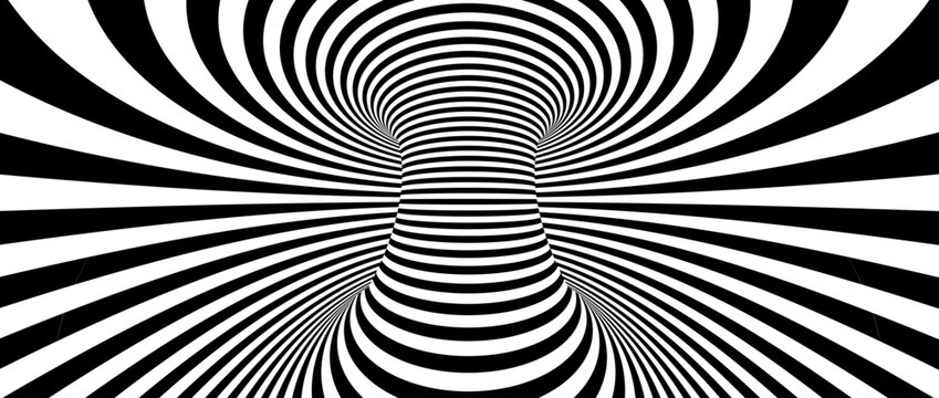 Optical illusion background. Hypnotic spinning lines. Black and white tunnel wallpaper. Psychedelic twisted stripes pattern. Rotating spiral knot template for poster, banner, cover, flyer. Vector