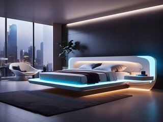 Modern bedroom design with white mattress and pillows, long LED lights, futuristic design