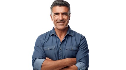 Portrait of a senior Latin American man smiling. A confident man is dressed in a blue denim shirt. He has his arms folded against him. isolated against a white background. generative ai