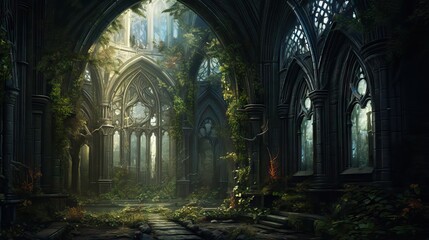 Interior of a Gothic building featuring elaborate window designs and shadowy elements that create an atmosphere of eerie grandiosity. captures the essence of Gothic mystery. Generative ai