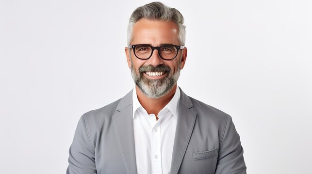 Portrait of a mature entrepreneur with spectacles. Isolated on white background, a male professional is dressed in business attire. generative ai