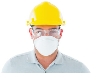 Digital png photo of caucasian male construction worker in safety headgear on transparent background