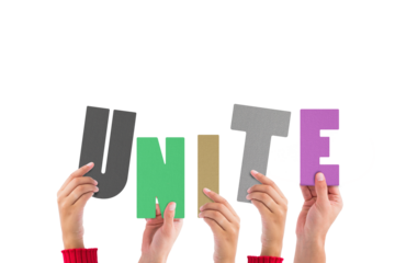 Digital png illustration of hands holding unite text letters on transparent background