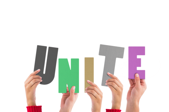 Digital png illustration of hands holding unite text letters on transparent background