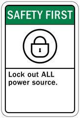 Multiple power source electrical warning sign and labels lock out all power source