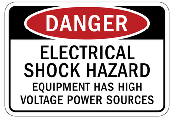 Multiple power source electrical warning sign and labels electrical shock hazard. Equipment has high voltage power sources