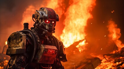 A Firefighter metal robot warrior coming out of fire, destruction & explosion in the background