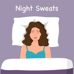 Young woman lying in a bed experienced night sweats. Female hormone imbalance symptom.