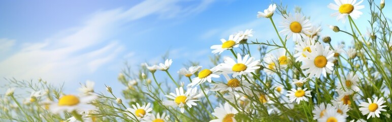 Fototapeta premium Flowers in a field of chamomile and blue wild peas against a blue sky with clouds in the morning. Nature landscape, macro shot.