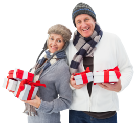 Digital png photo of happy senior couple in winter holding christmas gifts on transparent background