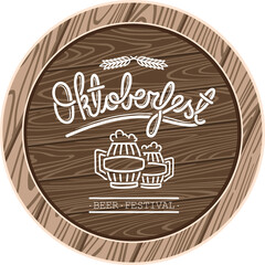 Digital png of oktoberfest, beer festival text and logo on wooden barrel on transparent background
