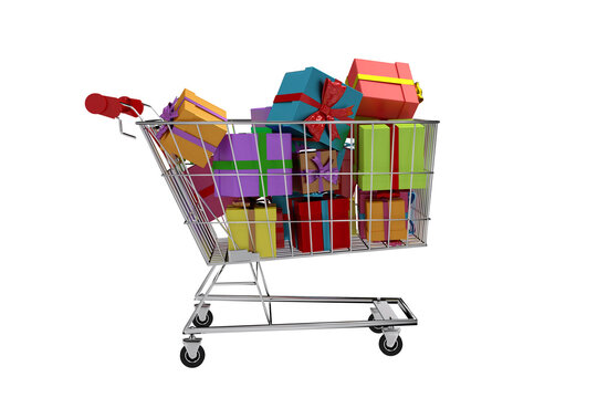 Digital png silhouette illustration of wrapped gifts in shopping trolley on transparent background