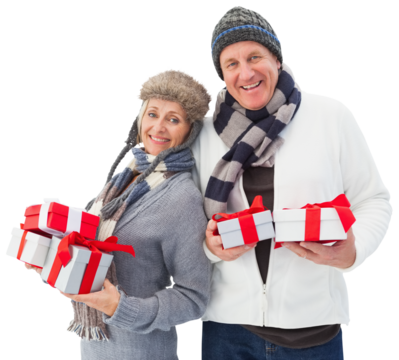 Digital png photo of happy senior couple in winter holding christmas gifts on transparent background