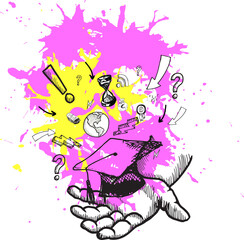 Digital png illustration of hand with media icons and stains on transparent background