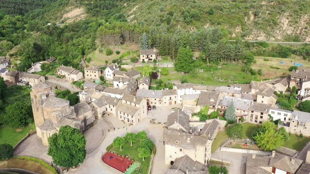Aerial view of Santa Maria Church, Santa Cruz de la Seros, Huesca province, Aragon, Spain. 