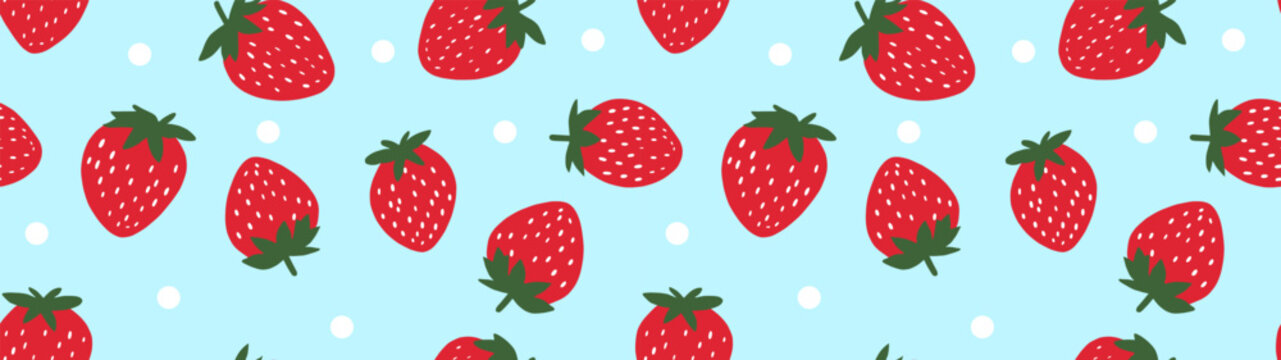 Seamless vector pattern with red strawberries on a blue background with spots in a flat style. Ideal for print, wrapping paper, wallpaper, fabric, design.
