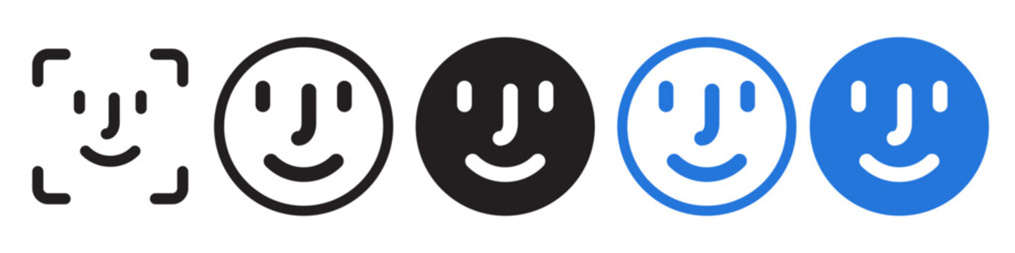 Face id icon. ios human identity authenticator verification technology symbol. Vector set of happy emotion detection mobile scanner. Flat outline of facial expression recognize sensor in apple phone
