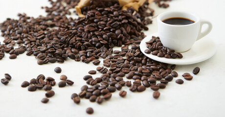 hot coffee and coffee beans