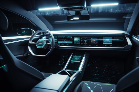 ai generated driverless car interior with futuristic dashboard for autonomous control system .
