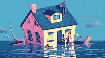 ai generated illustration close up house on the flooded road. Flooded city street, storm