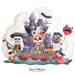 Obraz na płótnie Canvas Fearless Pirate Skeleton in Watercolor - Halloween Vector Art for Playful Designs