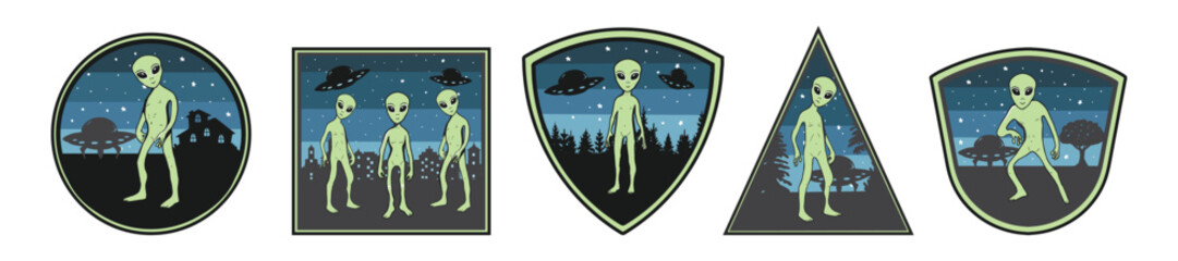 Green aliens in the night vector/ Silhouette of ufo over night forest vector. Silhouette of ufo over night city vector. Spaceship of aliens in sky vector illustration. © bleskk