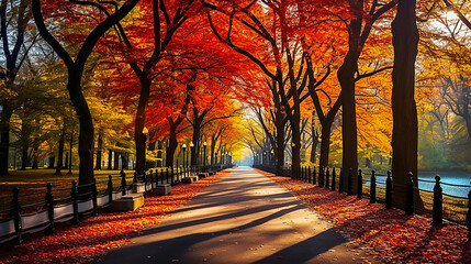 Naklejka na ściany i meble Wonderful autumn leaves landscape in large park
