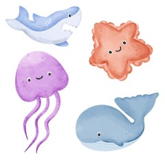 Animal in the ocean consists with whale,starfish,jellyfish,baby shark.