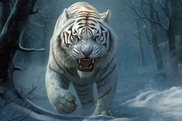 Zelfklevend Fotobehang Fierce white Tiger white tiger on snow © arhendrix